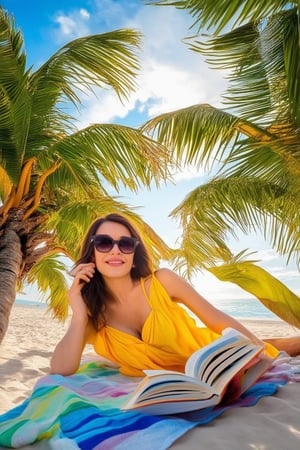 Capture a warm and inviting scene: a bright blue sky with fluffy white clouds, set against a vibrant green palm tree-lined beach at sunset. A young woman, dressed in a flowy yellow sundress and oversized sunglasses, lies on a colorful striped towel, reading a book with a relaxed smile. The golden light of the setting sun casts a warm glow on her skin and hair.