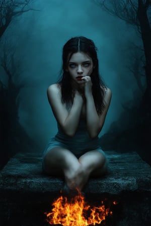 A hauntingly beautiful portrait of a young girl, her face a striking blend of innocence and malevolence. She sits atop a worn stone pedestal, surrounded by eerie mist that shrouds the dark, gothic-inspired background. The girl's porcelain skin glows with an otherworldly light, as if illuminated by the flames of hell itself. Her eyes, pools of pure evil, seem to burn with an inner fire, while her lips curl into a wicked grin.