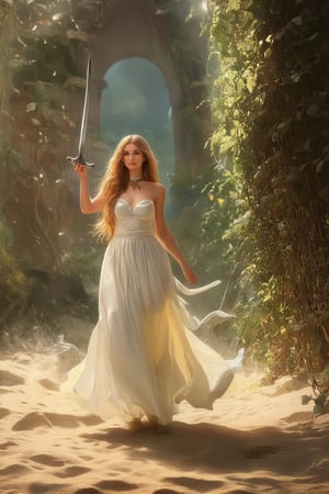 A stunningly beautiful young woman poses heroically in a mythological setting, bathed in warm golden light. She wears a flowing white dress and holds a gleaming sword aloft, as if summoning the gods. The background features ancient stone ruins, overgrown with vines and moss, casting long shadows across the sandy terrain.