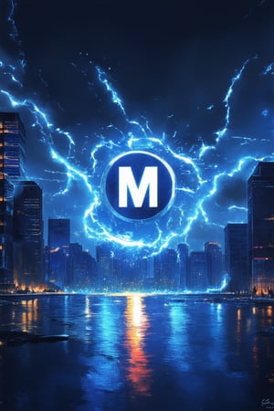 A vibrant, electric blue glow illuminates a dynamic cityscape at dusk as Marvel's iconic logo takes center stage. The 'M' symbol shines like a beacon, surrounded by swirling clouds of light and shadow, casting a heroic silhouette against the urban skyline. The city's skyscrapers rise in sharp relief, their reflections rippling on the dark waters below.