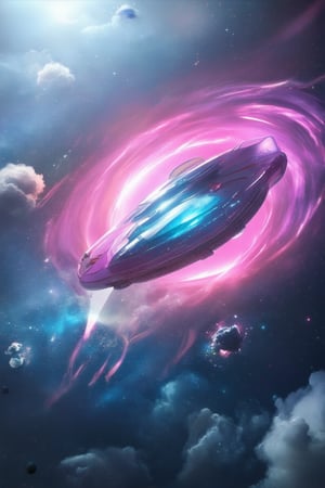 A futuristic pink-hued galaxy swirls in a 3D rendering, with vibrant neon accents and wispy starbursts. A sleek spaceship soars through the cosmos, its metallic surface glistening under the soft glow of nearby planets. The composition is balanced by the central spaceship, flanked by swirling clouds of gas and dust.