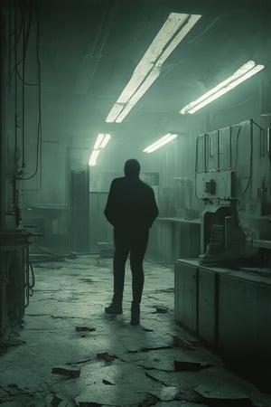 A dimly lit, eerie atmosphere prevails in a mysterious, abandoned laboratory where shadows dance across worn machinery and cracked concrete floors. In the foreground, a lone figure stands silhouetted against the faint glow of flickering fluorescent lights, surrounded by the remnants of forgotten experiments.