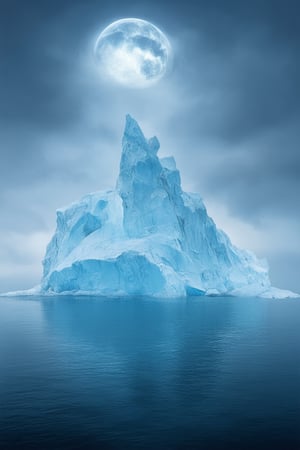 A majestic iceberg rises from the mystical waters, its crystalline surface glistening under a soft, ethereal glow. The framing captures the intricate patterns of frost and ice as it pierces through the misty veil, while subtle wisps of fog dance around its base. In this enchanted scene, the iceberg's grandeur is set against the dreamy horizon, where moonlit clouds drift lazily.