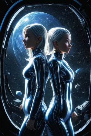 Close-up shot of two futuristic space girls standing back-to-back, gazing out at a starry galaxy through a spaceship window. Their shiny silver hair and metallic jumpsuits reflect the radiant light as they float in zero gravity, surrounded by swirling asteroid fields and distant planet nebulas.