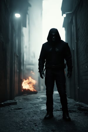 A dark alleyway, lit only by flickering streetlights, casts a sinister glow on a lone figure standing tall, shrouded in shadows. A brooding vigilante, dressed in black, gazes intensely into the distance, his eyes burning with an inner fire. The city's gritty backdrop adds to the somber atmosphere, as he stands guard, ever vigilant against the darkness that lurks within.