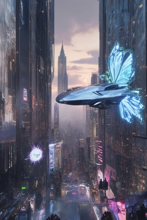 A futuristic cityscape at dusk, with towering skyscrapers and holographic advertisements flickering like neon butterflies. In the foreground, a sleek, silver hoverbike soars through the air, its Holo Dyss logo emblazoned on its side. The city's residents walk beneath, their faces aglow with augmented reality contact lenses.