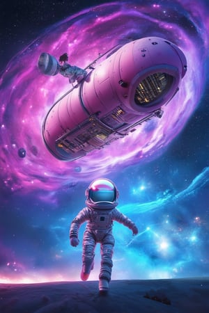 A surreal 3D digital artwork depicts a futuristic pink space station suspended amidst swirling purple and blue nebulae, with glowing purple accents on the cylindrical structure's surface. In the foreground, a lone astronaut in a sleek silver spacesuit floats near the space station's entrance, their helmet's visor reflecting the vibrant colors of the cosmos.