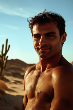 Jero's rugged face is centered in a close-up shot, with a faint smile and eyes squinting slightly against the bright desert sun. Sandy terrain stretches out behind him, with cacti and rocky formations framing his figure. Warm sunlight casts long shadows across his features, accentuating the lines on his weathered skin.