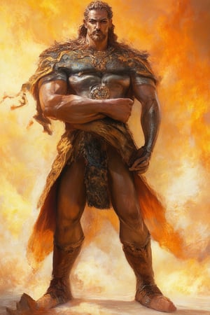 A legendary figure stands majestically in a warm, golden light, set against a fiery orange-yellow background, reminiscent of ancient mythological scenes. The subject's regal posture commands attention, with powerful arms crossed and a wise gaze directed straight at the viewer, evoking a sense of authority and mystique.