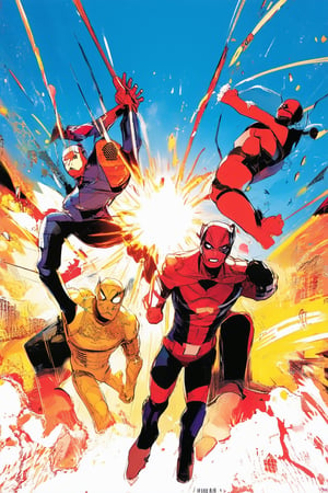 A vibrant comic book-inspired artwork featuring Marvel's iconic characters set against a bright, bold background with vivid colors and dynamic composition. The heroes, dressed in their signature attire, pose confidently amidst explosions of light and energy, as if radiating their powers. The scene is framed by bold lines, echoing the style of graphic novels.