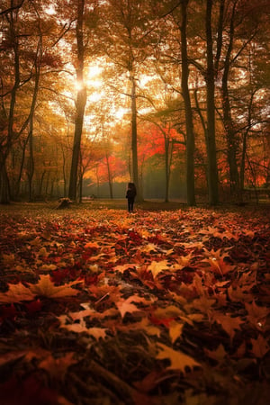 A warm golden light casts a gentle glow on a vibrant autumn scene. Leaves of fiery red, amber, and orange hues scatter across the forest floor, with tall trees looming in the background. A lone figure stands at the edge of the clearing, dressed in earthy tones, gazing out at the rustling leaves as nature's final dance begins.