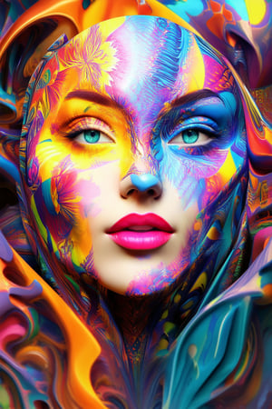 A vibrant 3D rendering of a face, surrounded by swirling colors and geometric shapes. The subject's features are highlighted in bold hues, with bright pink lips and turquoise eyes shining like miniature suns. A kaleidoscope of patterns and textures dances across the cheeks, nose, and forehead, as if the very fabric of reality is being woven together.