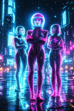 A futuristic cityscape at dusk, with neon lights reflecting off the wet asphalt. A group of space girls, dressed in shimmering jumpsuits and helmets, stand together, arms crossed, gazing up at the night sky. One girl, holding a glowing orb, looks directly at the viewer, her eyes sparkling with intergalactic curiosity.