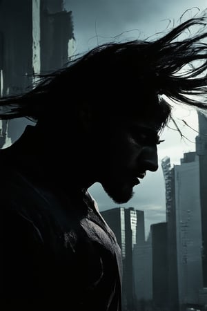 A dark and brooding figure emerges from the shadows, illuminated only by a faint moonlight casting eerie silhouettes on the crumbling cityscape. A lone spotlight highlights his intense gaze, as he stands defiantly at the edge of a rooftop, wind whipping through his raven-black hair. The city's darkness mirrors the turmoil brewing within.