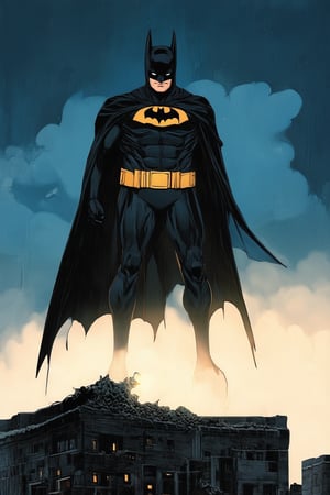 A gritty urban landscape with a dark blue sky, reminiscent of Gotham City. A lone figure, Batman, stands atop a crumbling rooftop, his cowl illuminated by a single flashlight beam casting an eerie glow on his determined face. The Dark Knight's cape billows behind him, as he gazes out upon the city he has sworn to protect.