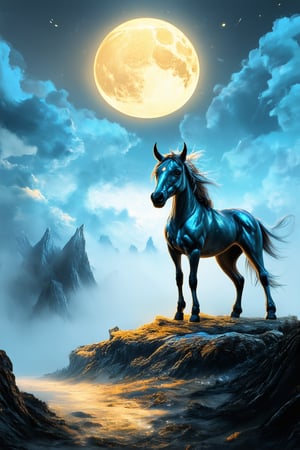 A surrealistic dreamscape unfolds: a majestic centaur with iridescent blue coat and gleaming horn stands atop a misty mountainside, surrounded by swirling clouds. Soft, golden light casts an ethereal glow on the scene, as if illuminated by a full moon. The centaur's gaze is distant, lost in contemplation.