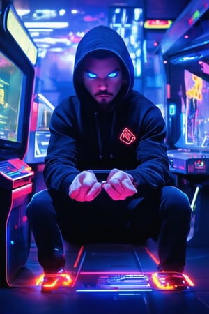 A futuristic gamer sits in a dimly lit, neon-lit arcade, surrounded by retro consoles and vintage gaming memorabilia. The character's eyes glow bright blue as they intensely focus on the screen, wearing a sleek black hoodie with glowing red circuitry patterns, their fingers poised to make a crucial move. The warm glow of the screens casts an otherworldly ambiance.