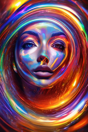 A vibrant 3D rendering of a colorful face, framed by a swirling vortex of bright hues. Softly lit from within, the facial features glow with an ethereal light, as if infused with an inner radiance. The subject's eyes sparkle like gemstones, surrounded by delicate, swirling patterns that dance across their skin.