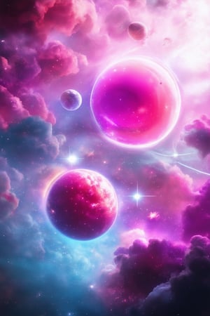 A futuristic 3D rendering depicts a vibrant pink galaxy, with swirling clouds of magenta and fuchsia gases illuminated by soft, pulsing lights. Stars and planets orbit amidst the pink haze, as if suspended in mid-air. The composition emphasizes depth, with varying shades of pink creating a sense of dimensionality.