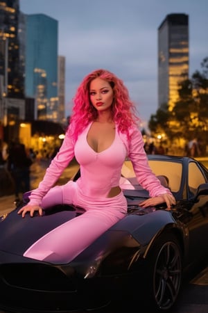 A neon-lit cityscape at dusk, with a femme fatale posing seductively on the hood of a sleek, black sports car. She's dressed in a fitted, pastel pink sweatsuit, her hair styled in towering curls, and her makeup is a bold, bright pink. The soft focus captures the warm glow of the setting sun, casting a golden light on the subject's porcelain skin.