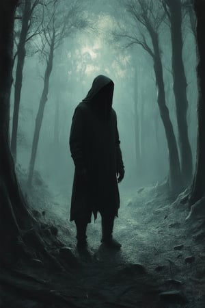 A mysterious scene unfolds in a dimly lit, eerie atmosphere. A figure shrouded in shadows stands at the edge of a vast, dark forest, illuminated only by a faint moonlight filtering through the trees. The subject's face is obscured, but their imposing stance conveys an air of calculated menace.