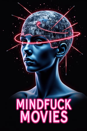 A distorted human head split into multiple layers, with each layer revealing a different chaotic scene, like shifting realities or confusing patterns. The background is dark and fragmented, symbolizing confusion and altered states of consciousness. Neon lines twist around the head, giving a sense of mental overload. The text "Mindfuck Movies" is boldly displayed across the bottom, with the letters glitching or distorting, as if affected by the confusion of the image.