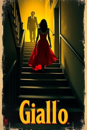 A vintage film poster style image, featuring a mysterious woman in a flowing red dress running down a dark staircase. Shadows and silhouettes surround her, with an ominous masked figure lurking in the background. The atmosphere is tense, and the use of yellow light and stark contrasts creates a sense of dread. The title "Giallo" is displayed at the bottom in a stylized 1970s font, with a slight film grain texture, matching the classic aesthetics of the genre.
