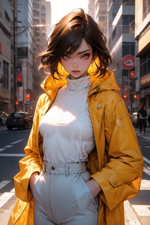 A stunning Korean k-pop beauty poses in the fading light of a serene sunset. She dons 90s-inspired baggy white pants and a QT93 hooded jacket, paired with a cropped top featuring intricate design. Her honey brown hair falls in straight bangs, framing her radiant face. Japanese classic art adorns her Panasonic headset as she nonchalantly places her hands in the pockets of her coat. The setting sun casts a warm golden glow on her stylish makeup and fashion-forward hairstyle. Captured with Lomography's faded film aesthetic, this photograph is a masterpiece of cinematic lighting, exquisite detail, and hyper-realistic clarity.