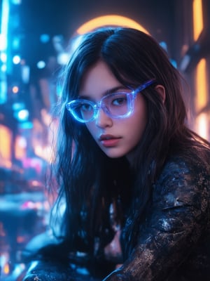 In a futuristic cityscape, a cyberpunk girl with clear neon glasses shines bright, her gaze piercing through the dark. Framed by a golden ratio composition, she sits amidst intricate, decadent details. In UHD clarity, her features are finely rendered, eyes and face detailed to perfection. Soft lighting wraps around her, punctuated by light leaks and rim light, casting a warm glow on the vibrant background. Subsurface scattering adds depth, as subsurface colors harmonize with the sharp focus on her captivating expression.