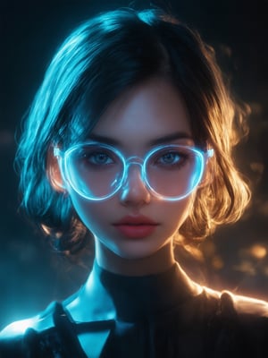 A cyberpunk fantasy girl donning clear neon glasses, bathed in a warm glow of light leaks, with subtle rim light accentuating her features. Her face is a masterpiece of intricate details, painted with smooth, sharp focus. The golden ratio guides the composition, as she stands against a deep, vibrant background filled with lush colors and gentle subsurface scattering. In the midst of this high-tech world, her eyes shine with a charming warmth, inviting us to enter her captivating realm. (32k UHD)