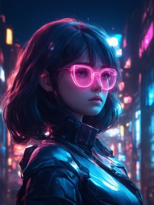 A cyberpunk girl with clear neon glasses gazes serenely into the distance, set against a vibrant cityscape at dusk. The golden ratio is subtly incorporated in her intricate outfit, radiating an air of elegance. In 32k UHD, every detail shines: from the delicate features on her face to the sharp focus on her captivating eyes. The art style blends fantasy and cyberpunk elements, reminiscent of Loish's whimsical illustrations. Soft light leaks and subsurface scattering create a warm, inviting atmosphere, while rim lighting accentuates her features. The background hums with deep, rich colors, perfectly balanced by vibrant complementary hues.