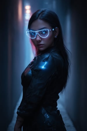 In a dystopian metropolis, a captivating cyberpunk girl stands out against a darkened alleyway. She dons clear neon glasses that radiate an otherworldly glow, as if infused with the essence of octane render. Her features are meticulously crafted to conform to the golden ratio, exemplifying the attention to detail found in Artgerm's and Loish's works. The camera frames her from a slight angle, emphasizing the intricate curves of her cyberpunk attire. A warm, soft light leaks through the alleway's walls, casting a flattering glow on her face, while subsurface scattering imbues her skin with a sense of depth. Her eyes are pools of vibrant blue, shining like stars in a darkened sky. The rim light accentuates her striking features, as she stands poised, ready to take on the futuristic world.