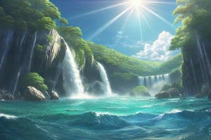 landscape beautiful summer beach water fall blue ocean wave sunlight fantasy hyper_beautiful_detailed_cg score_9,score_8_up,score_7_up,score_6_up masterpiece high quality,anime screencap,score_anime