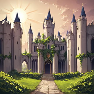 A grand ancient castle, covered in lush green ivy, stands majestically under the golden hues of the setting sun. The scene is framed with the castle's towering spires and stone walls, bathed in warm, glowing light. The composition highlights the ivy's intricate patterns and the castle's weathered texture, capturing a sense of timeless beauty and grandeur.,score_9, score_8_up, score_7_up, score_6_up, score_5_up, score_4_up, source_anime,masterpiece, perfect face, best quality, beautiful girl, cute girl, beautiful eyes, shiny eyes, absurdres