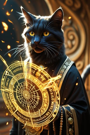 A regal black cat magician stands defiantly on a large, stick out right cat's hand and paws,radiant magic circle, its piercing golden eyes and whiskered mouth exuding an air of mystique. The cat's majestic beard flows down its neck like a river of ancient wisdom. Magic sparks swirl around it, crackling with energy amidst a thunderous backdrop. Clad in a gold-patterned black robe, the feline mage commands attention, surrounded by breathtakingly realistic CG details and textures that score a perfect 9+ for visual excellence.cat's hands score_9,score_8_up,score_7_up,score_6_up,BREAK,masterpiece,best quality