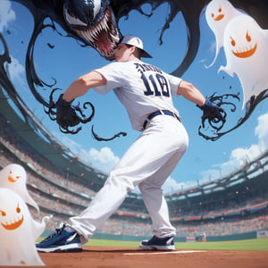 score_9 score_8_up score_7_up,masterpiece extremely detailed game cg,THE art of the year,best quality highres,BREAK,baseball monster,venom,black round head,big eyes,white fangs,some ghosts,pitching,baseball ground,night game,