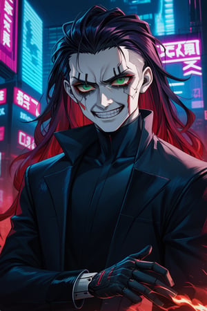 Art of a joker Joker's twisted grin wearing her makeup face, joker face makeup, purple her suit, black glove, red smoke, her green messy long hairstyle, serious badas pose, dark night, neon light city, cyberpunk realistic city background,score_9,score_8_up,score_7_up,source_anime,BREAK,NeonLG