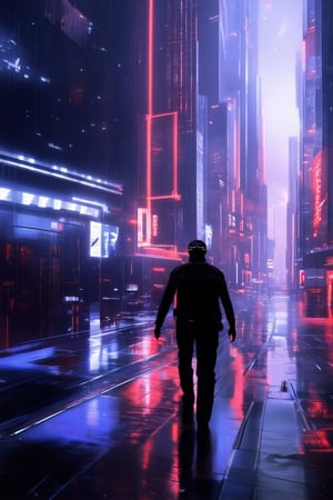 A futuristic metropolis at dusk, neon-lit skyscrapers piercing the smog-filled air as humans and advanced AI coexist in a world of technology. A lone figure, dressed in a sleek black jumpsuit, walks through the crowded streets with determination, augmented reality glasses perched on their face. The city's vibrant atmosphere is illuminated by holographic advertisements and flashing billboards.