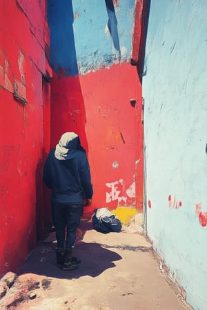 A dimly lit alleyway in a gritty urban setting, with graffiti-covered walls and trash bins scattered about. A lone figure, shrouded in shadows, peers out from behind a dumpster, their face obscured by a hoodie. The air is thick with mystery as the observer's gaze lingers on the enigmatic silhouette, leaving the viewer wondering what secrets lie hidden beneath the brim of that cap.