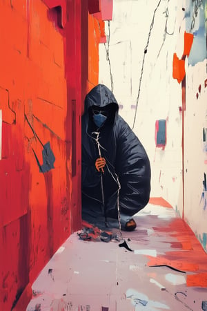 A dimly lit alleyway in a worn, graffiti-covered cityscape serves as the backdrop for Banksy's latest enigmatic work. A hooded figure, shrouded in mystery, peers out from behind a torn veil of black trash bags, their face obscured by a mask of twisted metal wire and broken glass. Flickering fluorescent lights cast an eerie glow on the scene.