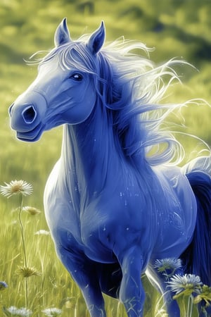 A majestic blue horse stands regally in a sun-drenched meadow, its shimmering coat glistening with dew. The camera frames the scene from a low angle, looking up at the noble creature as it prances freely, mane flowing in the gentle breeze. Soft morning light casts a warm glow, illuminating the lush green grass and wildflowers.