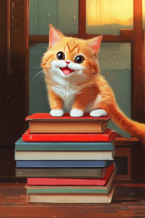 A whimsical illustration of a smiling cat sitting on a stack of colorful books in a cozy, well-lit study. The cat's paws gently grasp the top book, while its tail wraps around the stack, forming a playful, curved shape. Soft, golden light illuminates the scene from above, with subtle shadows highlighting the texture of the books and cat's fur.