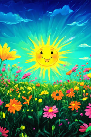 A whimsical illustration of a bright yellow sun smiling down on a lush green meadow, surrounded by a kaleidoscope of colorful wildflowers in full bloom. Vibrant petals in shades of orange, pink, and purple dance in the warm sunlight, while a few wispy clouds drift lazily across the cerulean blue sky.