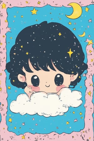 A chibi Eveything! A whimsical illustration of a miniature, cartoon-style Everything in a vibrant, pastel hue. Framed with a decorative border, Eveything sits atop a fluffy white cloud, surrounded by tiny stars and crescent moons. Eveything's facial expression is a bright, beaming smile, with sparkling eyes and a mischievous twinkle. The background is a soft, gradient blue, blending into a warm golden light at the edges. Composition: Eveything takes center stage, with the cloud and celestial bodies arranged in a playful, organic pattern around it.