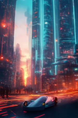 A futuristic cityscape at dusk: sleek skyscrapers pierce the smoggy orange haze, neon lights flickering like electric veins. In the foreground, a sleek silver hovercar zooms by, leaving a trail of condensed air. The bustling streets are filled with humans in high-tech attire, their faces aglow from holographic interfaces.