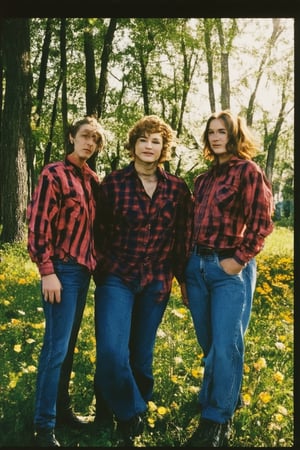 A warm sunlight glows on a nostalgic scene from the 1990s, with a retro-inspired aesthetic dominating the framing. A group of friends, dressed in flannel shirts and high-waisted jeans, relax in a lush green park, surrounded by towering trees and vibrant flowers. The composition features a central focal point - a boombox playing a popular grunge band's album, casting a warm glow on the gathering.