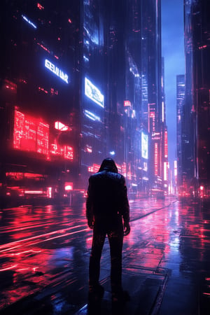 A neon-lit cityscape at dusk, with towering skyscrapers and holographic advertisements reflecting off wet pavement. A lone figure, dressed in a black leather jacket and ripped jeans, stands confidently on the edge of a crowded street, gazing up at a massive cybernetic spider perched atop a building. The air is thick with humidity and smoke from hovercars zipping by.