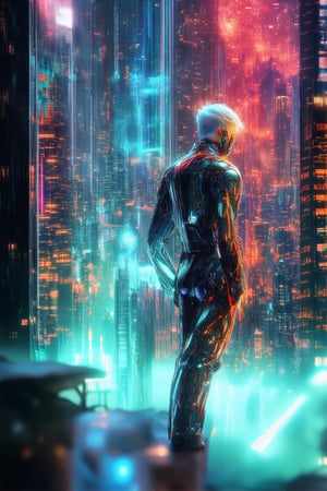 In a neon-lit metropolis, a sleek, silver-haired cyborg stands poised at the edge of a skyscraper's rooftop, gazing out into the city's sprawling expanse. The futuristic metropolis stretches out before them like a tapestry of steel and glass, with holographic advertisements twinkling like stars.