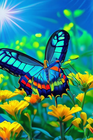 A dynamic close-up shot of a vibrant, colorful butterfly perched on a bright yellow flower, its iridescent wings glimmering in the warm sunlight. The camera focuses on the intricate details of the butterfly's body, with petals and leaves blurred softly in the background, creating a stunning contrast between the delicate insect and the lush greenery.