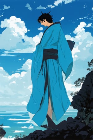 A vibrant anime scene set against a bright blue sky with fluffy white clouds, featuring a protagonist dressed in a flowing blue kimono, standing dramatically atop a rocky cliff overlooking a tranquil lake at dusk, with a subtle gradient of blue hues transitioning from the sky to the water, and a few wispy trees silhouetted against the stunning blue backdrop.